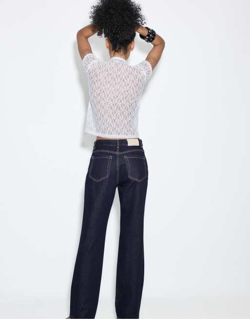 Stradivarius Petite – D92 – Jeans aus überfärbtem blauem Denim mit geradem, weitem Schnitt, 3 von 7