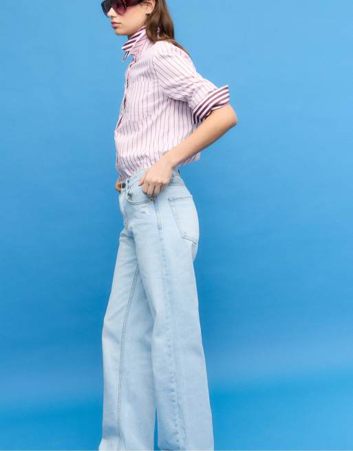 Stradivarius - Petite - D92 - Jeans met rechte wijde pijpen in medium lichtblauwe denim, 3 van 4