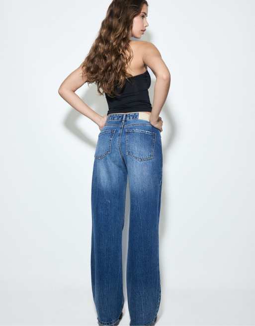 Stradivarius Petite – D92 – Mellanblå jeans med raka, vida ben, 3 av 4
