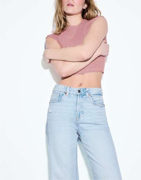 Stradivarius Petite d92 rechte jeans met wijde pijpen in licht gebleekt - view 1