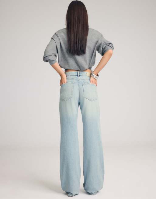 Stradivarius Petite d92 rechte jeans met wijde pijpen in licht gebleekt, 3 van 7