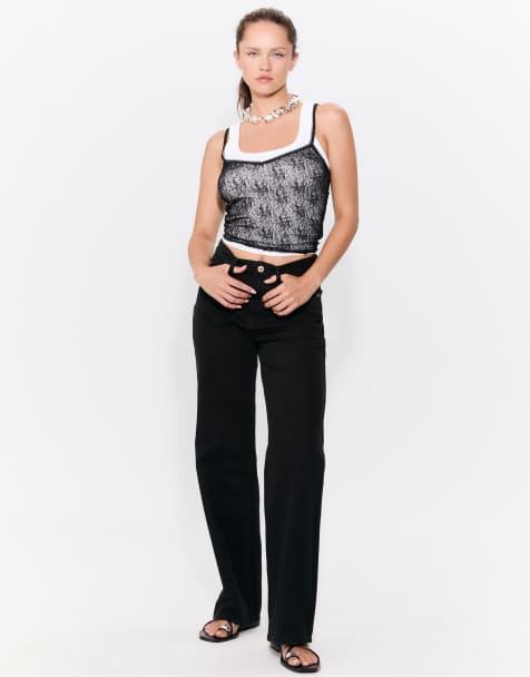 Stradivarius Petite - D92 - Rechte jeans met wijde pijpen in zwart - view 1
