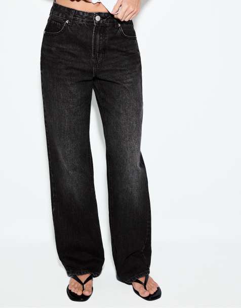Stradivarius Petite d92 straight wide-leg jeans in washed black