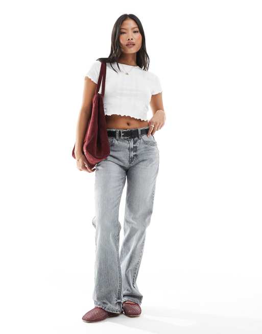 Stradivarius Petite - D98 - Jeans met rechte pijpen in donkergrijs met wassing