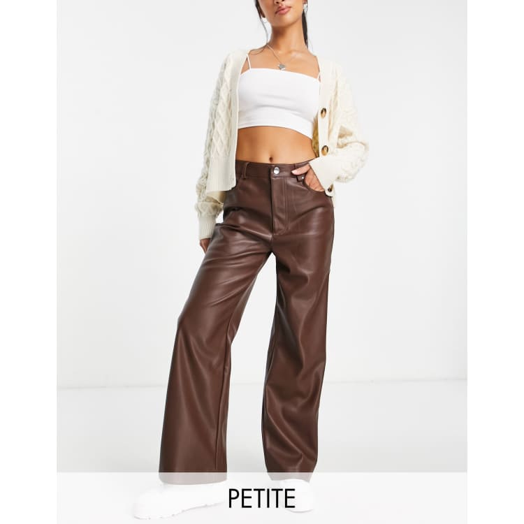 Stradivarius Petite dad faux leather trousers in chocolate brown