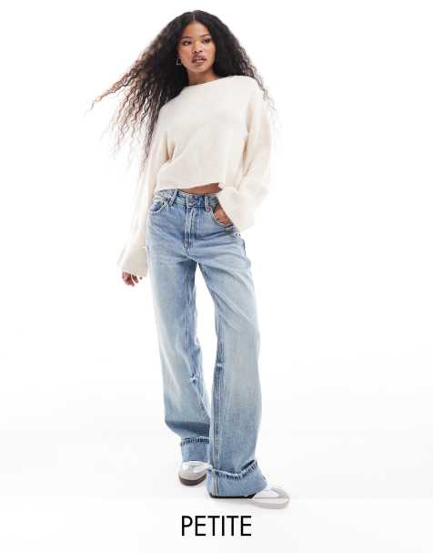 Stradivarius Petite - Dad jeans met wijde pijpen en omslag in lichtblauw - view 1