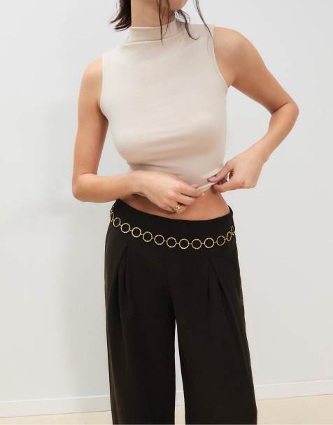 Stradivarius Petite darted lyocell trousers with chain detail in brown - view 1