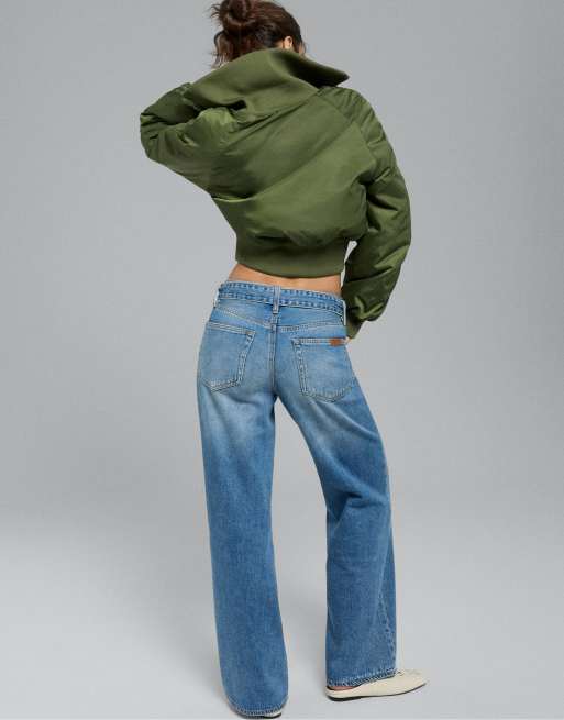 Stradivarius Petite double-waist wide-leg jeans in medium blue denim, 3 of 7