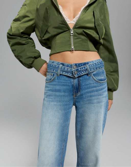 Stradivarius Petite double-waist wide-leg jeans in medium blue denim, 4 of 7