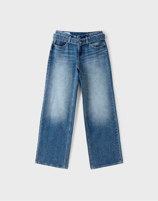 Stradivarius Petite double-waist wide-leg jeans in medium blue denim, 6 of 7