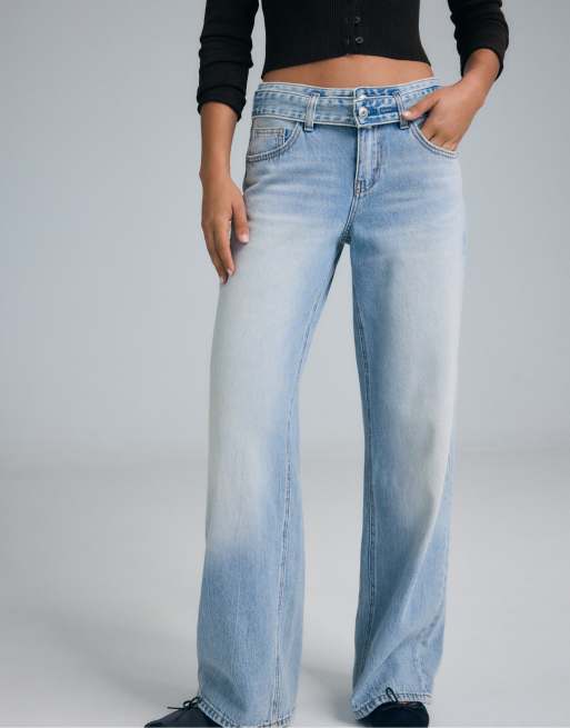 Stradivarius Petite double-waist wide-leg jeans in medium light blue denim, 2 of 7