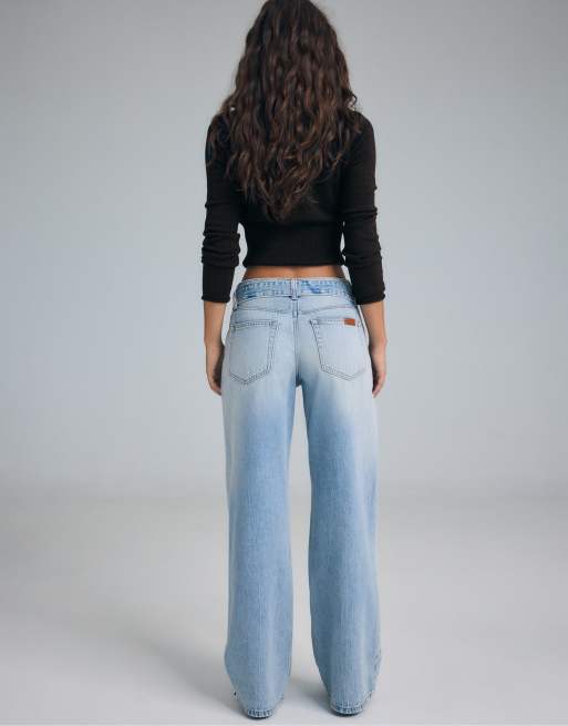 Stradivarius Petite double-waist wide-leg jeans in medium light blue denim, 3 of 7