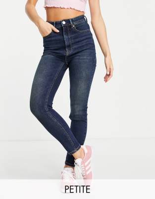 Stradivarius Petite - Enge Jeans mit superhohem Bund und dunkler Waschung-Blau