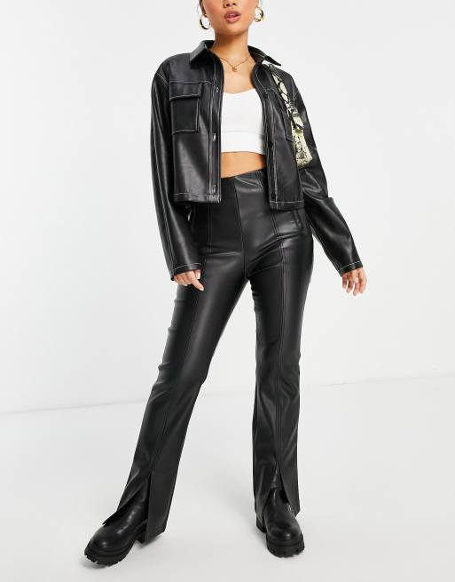 Stradivarius Petite faux leather pants with slit front detail in