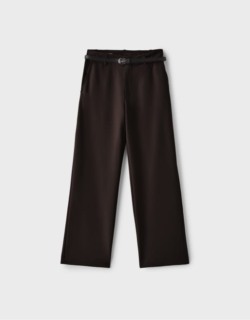 Stradivarius Petite flydende bukser med lige ben og bælte i brun, 6 af 7