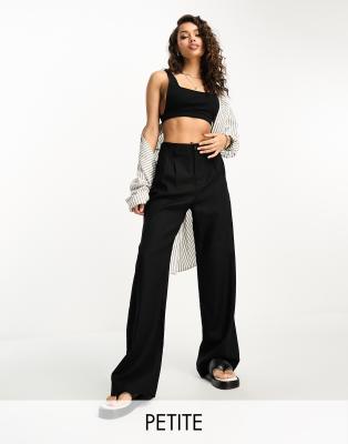 Stradivarius Petite - Hose in Leinenoptik in Schwarz mit weitem Bein