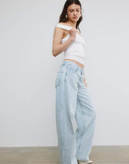 Stradivarius Petite - Jean ample à strass et taille basse - Bleu moyen clair, 3 de 3