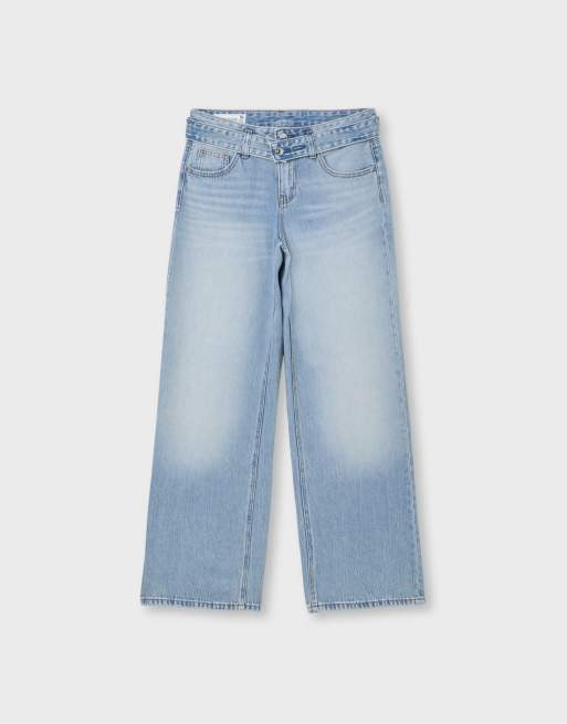 Stradivarius Petite jean large à double taille en denim bleu clair moyen, 6 de 7