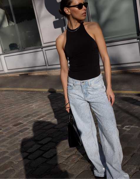 Stradivarius Petite - Jeans a fondo ampio e vita bassa azzurro medio con strass - view 1