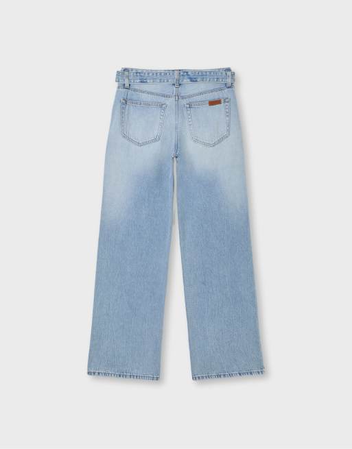 Stradivarius Petite jeans med dobbelt talje og brede ben i mellemlys blå denim, 7 af 7