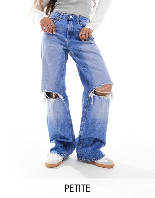 Stradivarius Petite - turtleneck jeans met wijde pijpen in middenblauw met wassing 