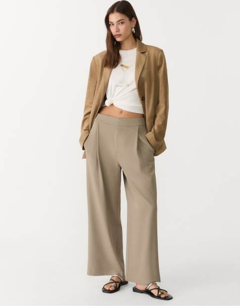 Stradivarius Petite – Kakifärgade, uppklädda culotte-byxor med veck - view 1