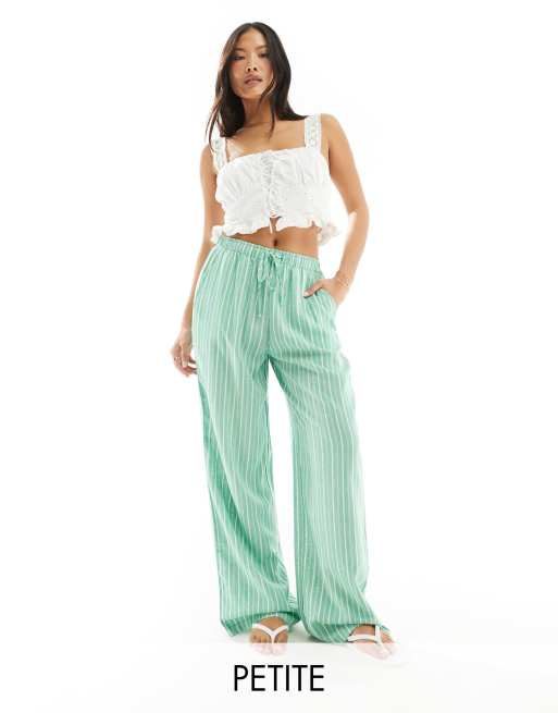 Stradivarius Petite linen blend pull on pants in green stripe 