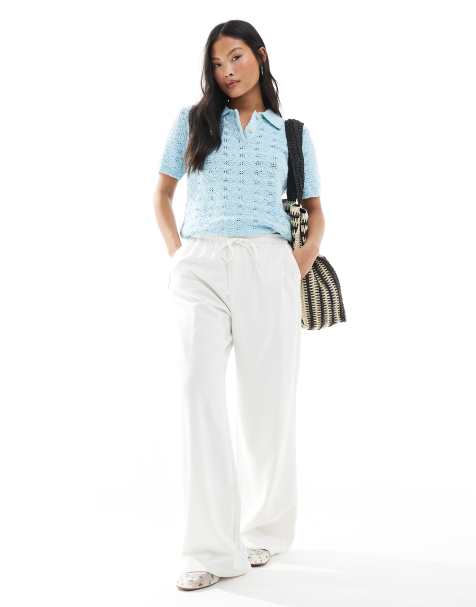 Stradivarius Petite linen blend pull on pants in white - view 1