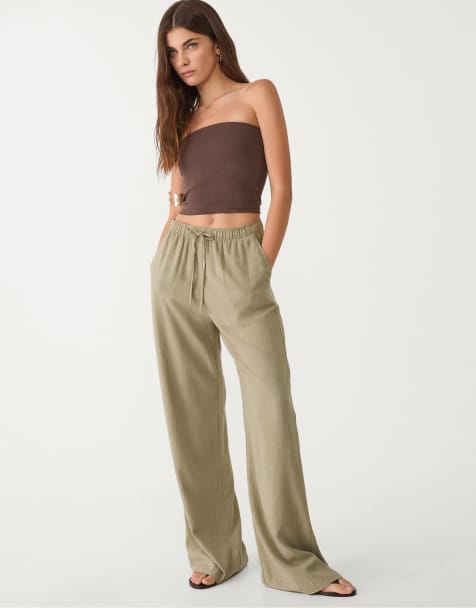 Stradivarius petite linen blend trousers in mid geen