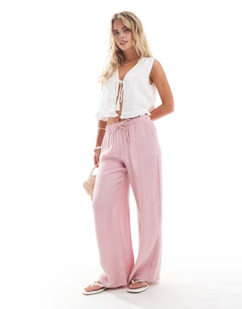Stradivarius Petite linen look pull on crinkle pants in pink - view 1