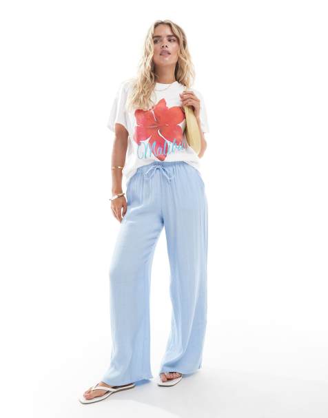 Stradivarius Petite linen look pull on crinkle trouser in blue - view 1