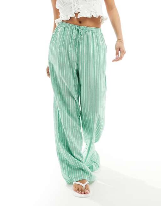 Pull-on Striped HIgh-waist Pants Satin-like Green and Navy Stripes - Size hotsell M