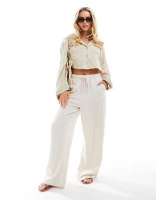 Stradivarius Petite Linen Look Pull On Pants In Oatmeal-white