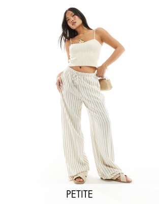 Stradivarius Petite linen look pull on trouser in beige stripe