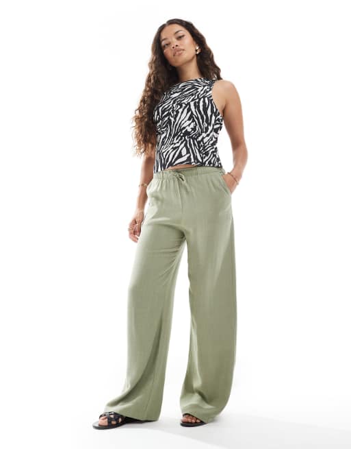 Stradivarius Petite linen look pull on trouser in khaki