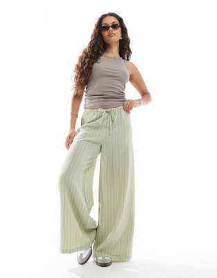 Petite linen look wide leg pants in khaki stripe-Multi