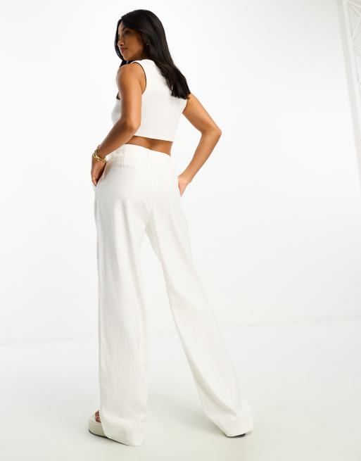 Stradivarius Petite linen look wide leg pants in white - ShopStyle