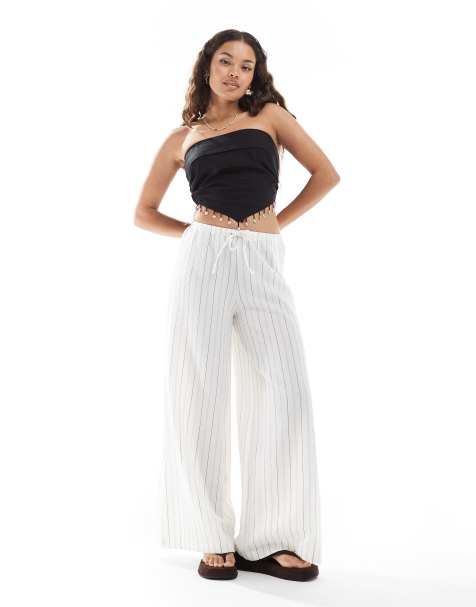 Stradivarius Petite linen look wide leg trouser in white stripe - view 1
