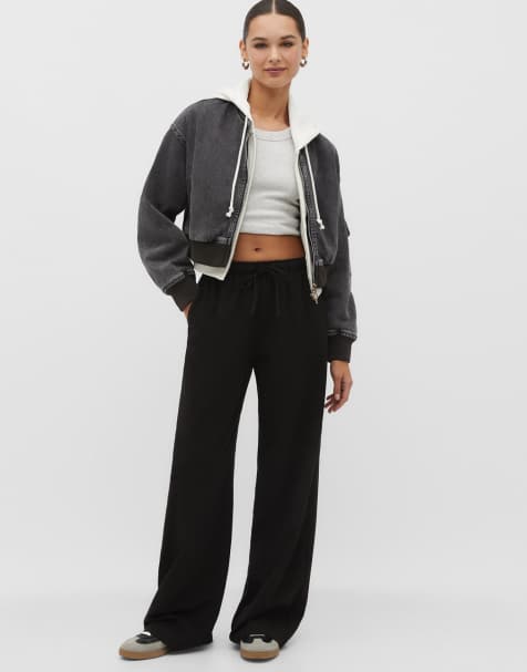 Stradivarius Petite long flowing smart trousers in black