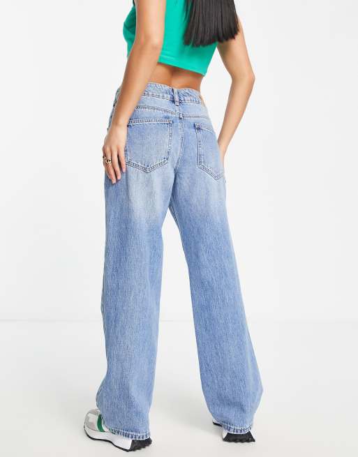 Stradivarius Petite low rise straight leg jeans in mid blue ASOS