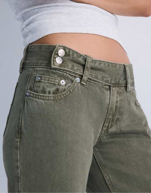 Stradivarius Petite Low-Rise Straight-Leg-Jeans mit Hammerbund in Khaki, 4 von 7