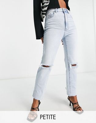 Stradivarius Petite slim mom jeans with stretch and rip in vintage blue - ASOS Price Checker