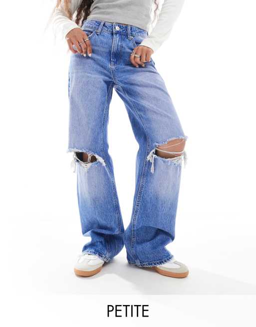 Stradivarius Petite – Niebieskie jeansy z szerokimi nogawkami i efektem sprania 