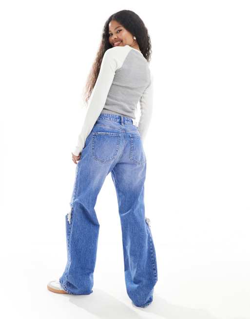 Stradivarius Petite – Niebieskie jeansy z szerokimi nogawkami i efektem sprania , 3 z 5