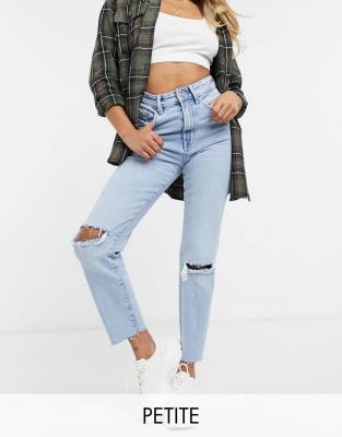 Stradivarius Petite organic cotton slim mom jean with stretch and rip in  light blue | ASOS