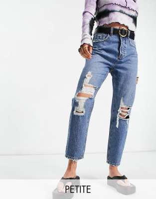 Stradivarius Petite Organic Cotton Vintage Ripped Mom Jeans In Medium Blue Blues Modesens