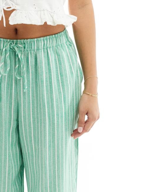 Stradivarius Petite - Pantalon facile à enfiler en lin mélangé à rayures - Vert , 4 de 5