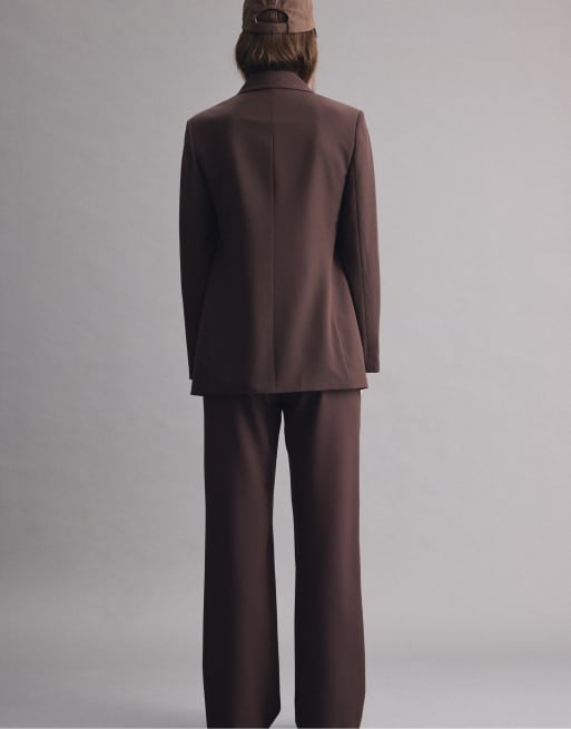 Stradivarius Petite pantalon habillé fluide droit avec ceinture marron, 3 de 7
