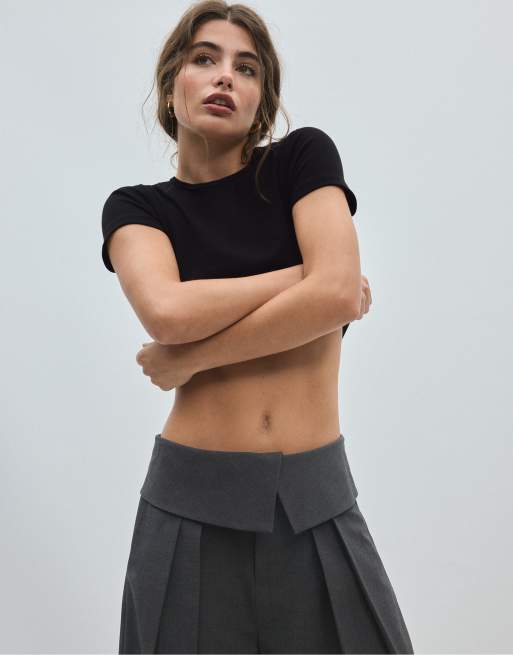 Stradivarius Petite pantalon large avec taille retroussée en gris foncé, 4 de 7