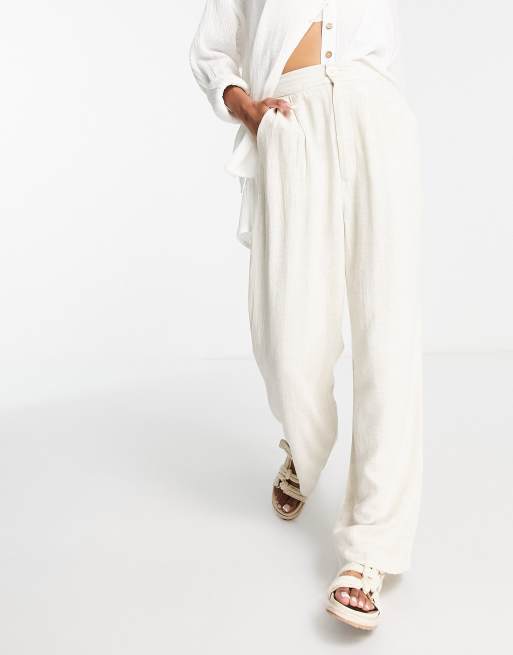 Stradivarius Petite - Pantalon large coupe dad en lin - Naturel , 2 de 4